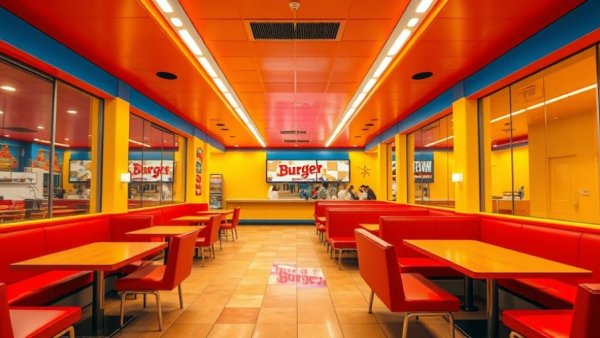 Colorful burger eatery in Berlin with vibrant seating.