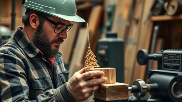 Turning wooden Christmas ornaments on a lathe in a workshop.