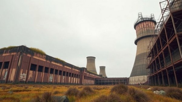 Nuclear power plant showing disrepair and overgrowth, symbolizing AI resurgence.