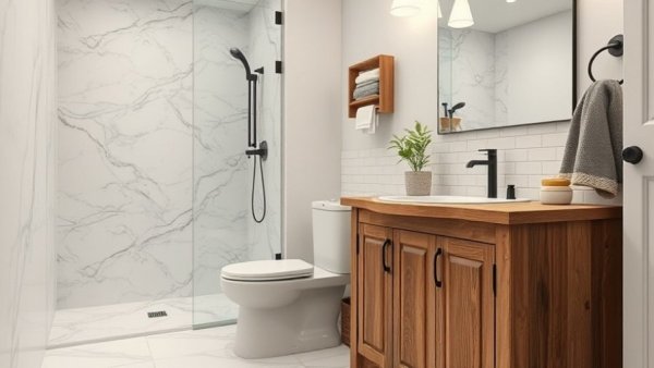 Modern bathroom design with rustic wooden vanity and white tiles.