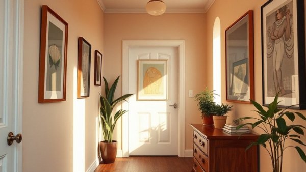 Artful entryway with framed pictures and nightstand.