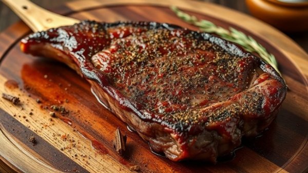 Festive BBQ rubs on tomahawk steak with peppercorns and rosemary.