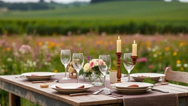 Rustic outdoor table setting with edible candleholders amidst wildflowers.