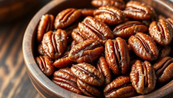 Delicious candied pecans in a bowl on wooden surface - perfect for recipes.