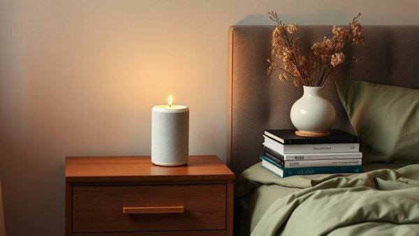 Nest Bamboo Candle Sale - cozy minimalist bedroom scene with lit candle.