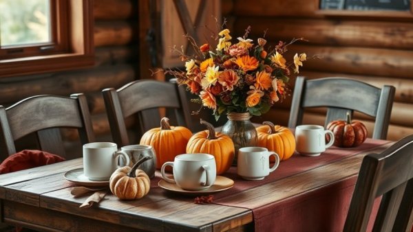 Cozy autumn hosting setup with pumpkins and flowers on a rustic table.