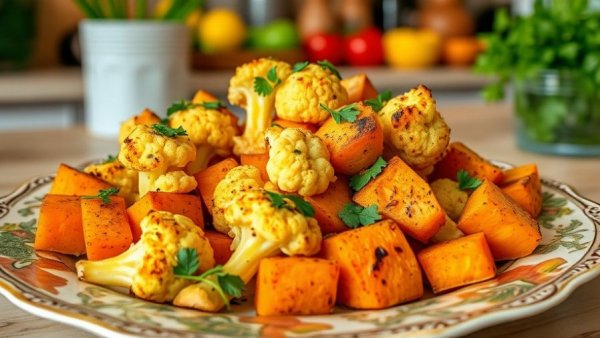 Savory roasted cauliflower and sweet potato slices on a decorative plate for Vegetarian Thanksgiving Recipes.