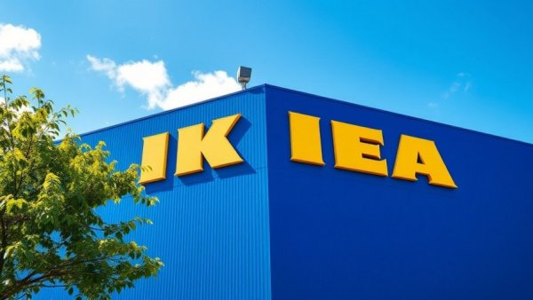 Bold IKEA store exterior with blue facade under a bright sky