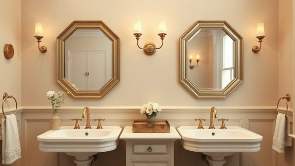 Elegant British bathroom design with dual sinks and mirrors.