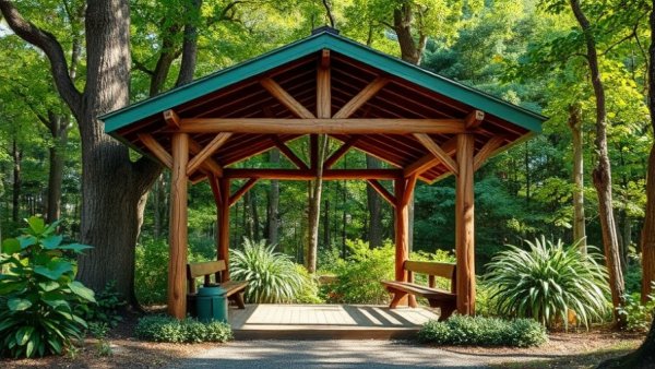 Charming patio shelter with green roof in forest for patio living all winter.