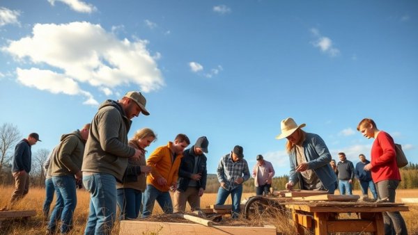 Woodworking teamwork outdoors under blue sky.