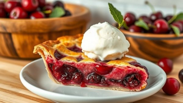 A slice of cherry pie with ice cream in a kitchen setting.