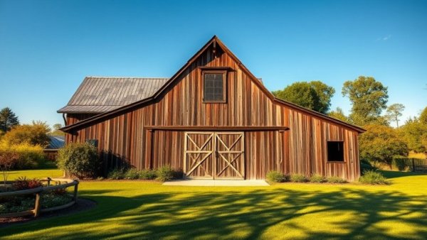 Rustic barn in November sunlight surrounded by lush garden.