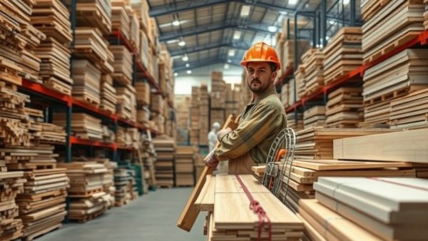 Warehouse worker organizing lumber amid rising construction costs.