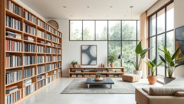 Modern apartment designed around 5,000 CDs with wooden shelves and large windows.