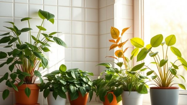 Indoor houseplants thriving on sunlit kitchen counter.
