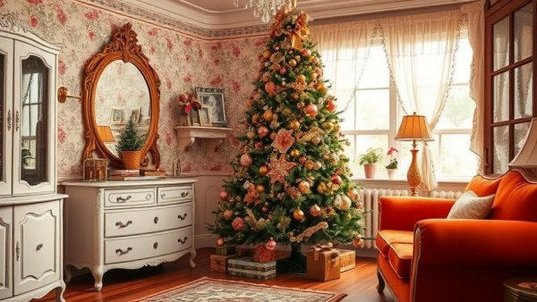Vintage room with a bejeweled Christmas tree and decor.