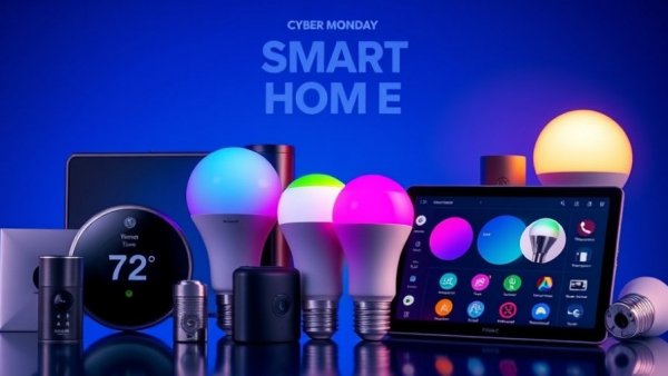 Cyber Monday smart home deals with gadgets and vibrant colors.