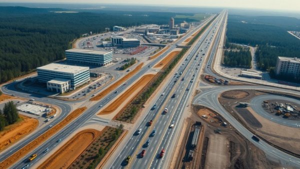 Aerial view of Hudson Tunnel Project construction site with roads.