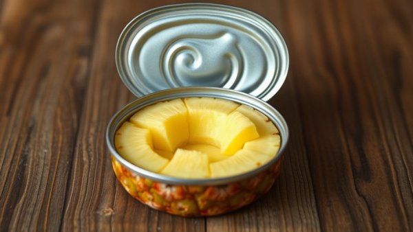 Open can of pineapple slices on a wooden surface.