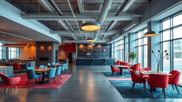 Comfortable office design with modern dining area and stylish decor.