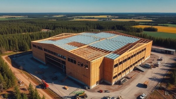 Aerial view of mass timber manufacturing facility under construction.