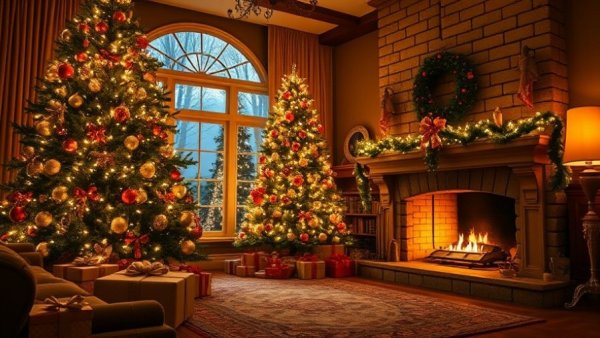 Govee Christmas Lights Discounts: Cozy room with decorated tree and fireplace.