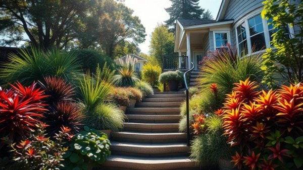 Lush garden showcasing diverse plants in a sunny suburban setting, reflecting lessons from an experienced 81-year-old gardener.