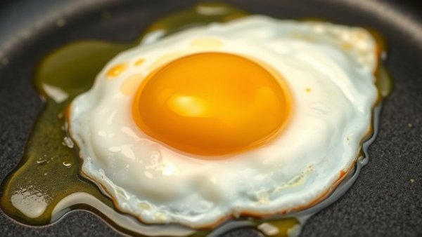 Fried egg in sesame oil sizzling in a pan.
