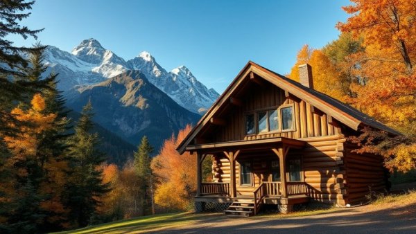 Rustic Alpine cabin surrounded by autumn foliage and mountains in the background.