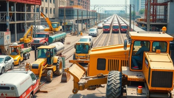 New York City construction site with machinery near train tracks, depicting project labor activity.