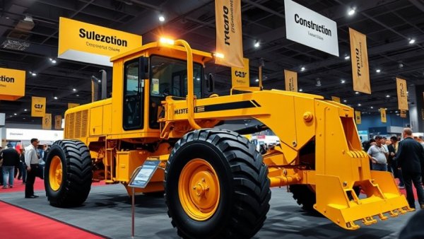 Large yellow motor grader displayed at expo, Motor Grader Sales Trends 2025 focus.