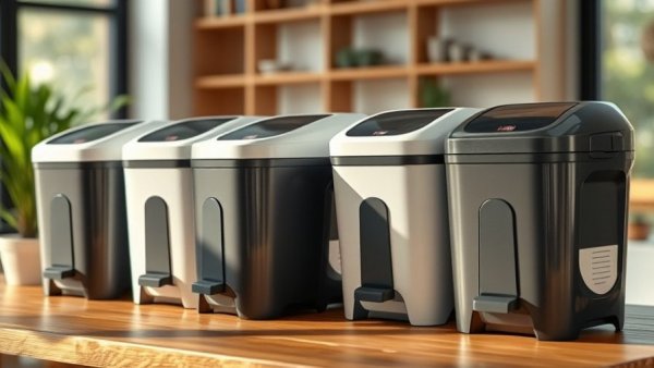 Stylish electric composters on wooden table, ideal for food waste recycling.
