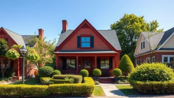 Red brick house with greenery, sunlight on facade, sustainable kitchen focus.