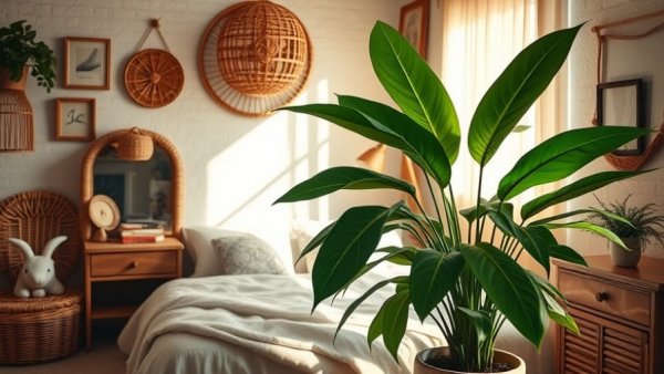 Vintage bedroom with indoor plants and rattan decor.