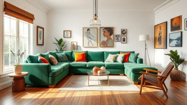 Living room with Chantilly Lace white paint and green velvet sectional sofa.