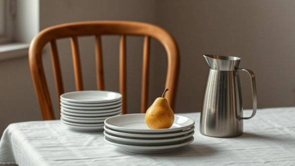 Minimalist dining setup with fruit and tableware.