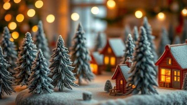 Charming Christmas village with miniature plants for festive decoration.