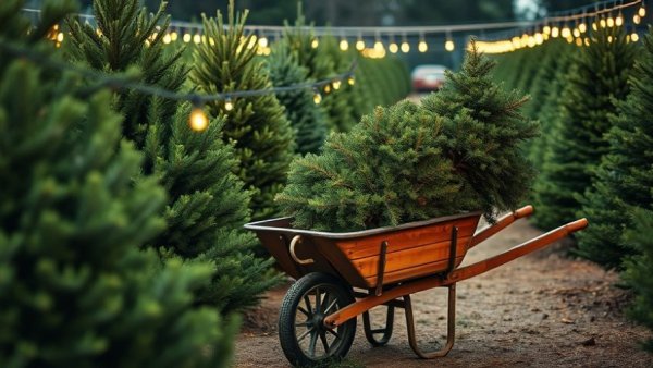Rustic wheelbarrow with real Christmas trees at a tree farm environment