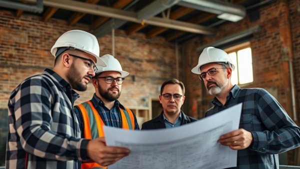 Construction professionals discussing blueprint for bidding strategies.