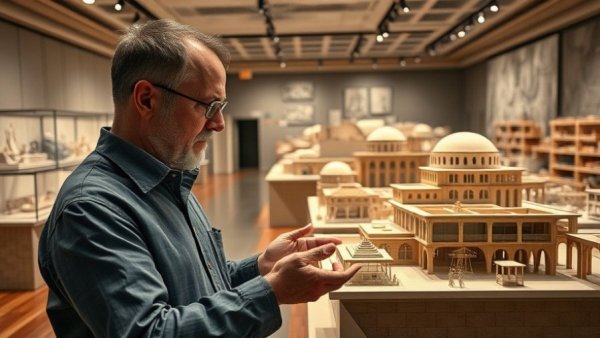 Renowned architect with models in an exhibition space.
