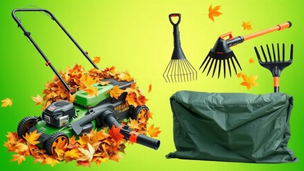 Collection of tools for leaf cleanup with lawnmower, gloves, blower, rake, and tarp.