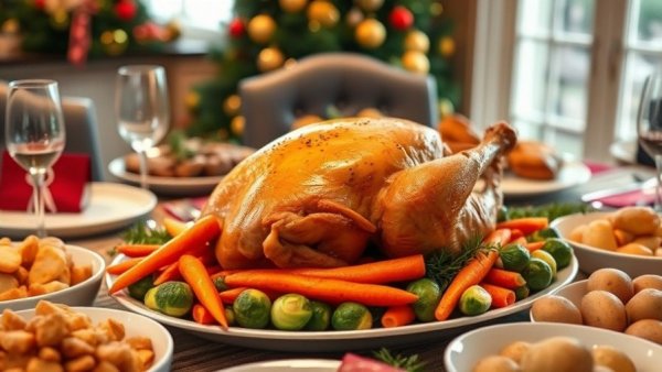 Delicious Christmas roast vegetables and chicken feast.