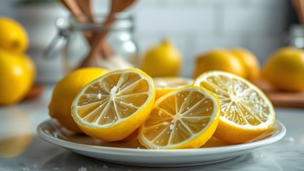Sliced salted lemons on plate for preserving recipe.