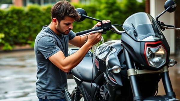 Young man washing motorcycle to winterize it in driveway.