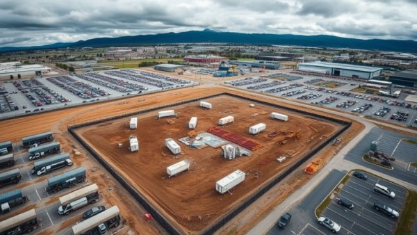 Overview of semiconductor expansion project site with trailers and parking.