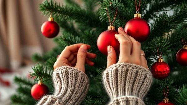 Decorating faux Christmas tree with real greenery and ornaments.