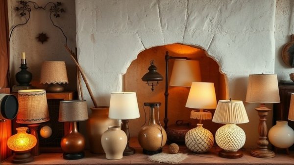Variety of handmade lamps from Sweden in rustic room.