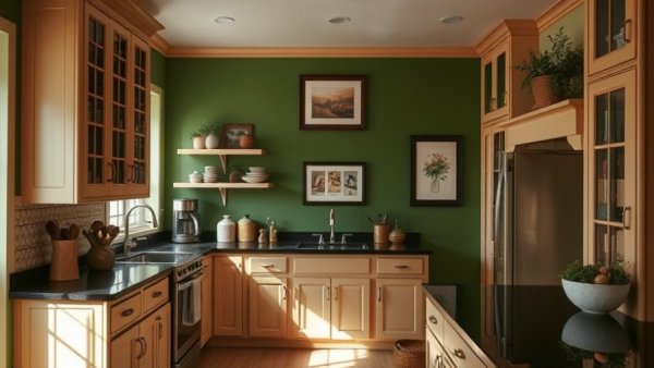 Traditional kitchen with green accent wall ideas and framed art.