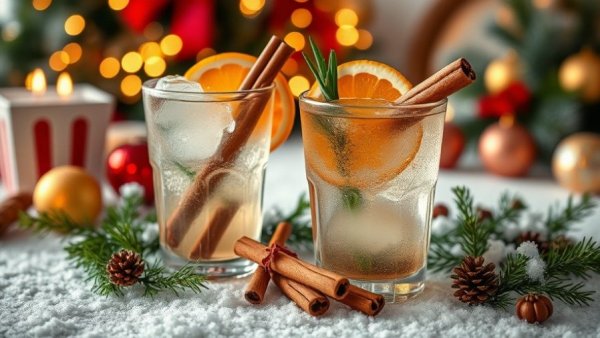 Festive Christmas cocktails with fresh herbs and spices on snowy decor.